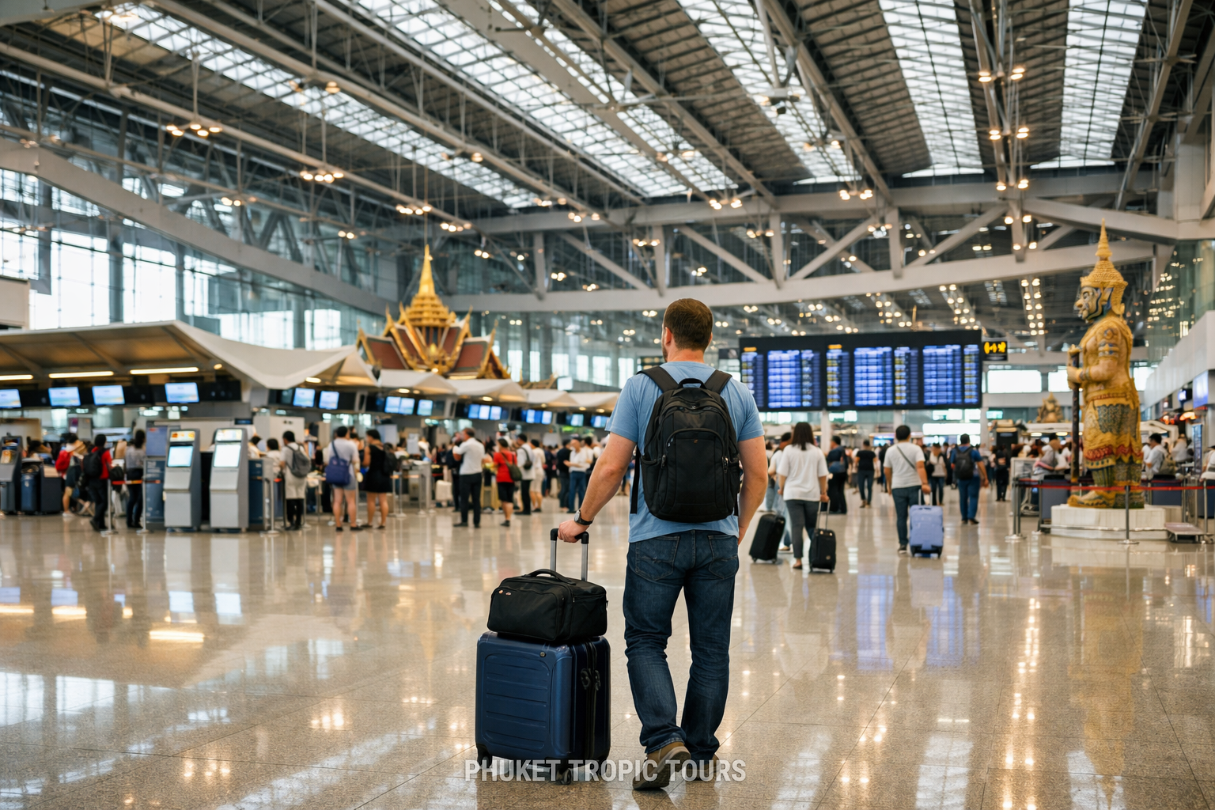 Traveler at a Thai international airport departure hall