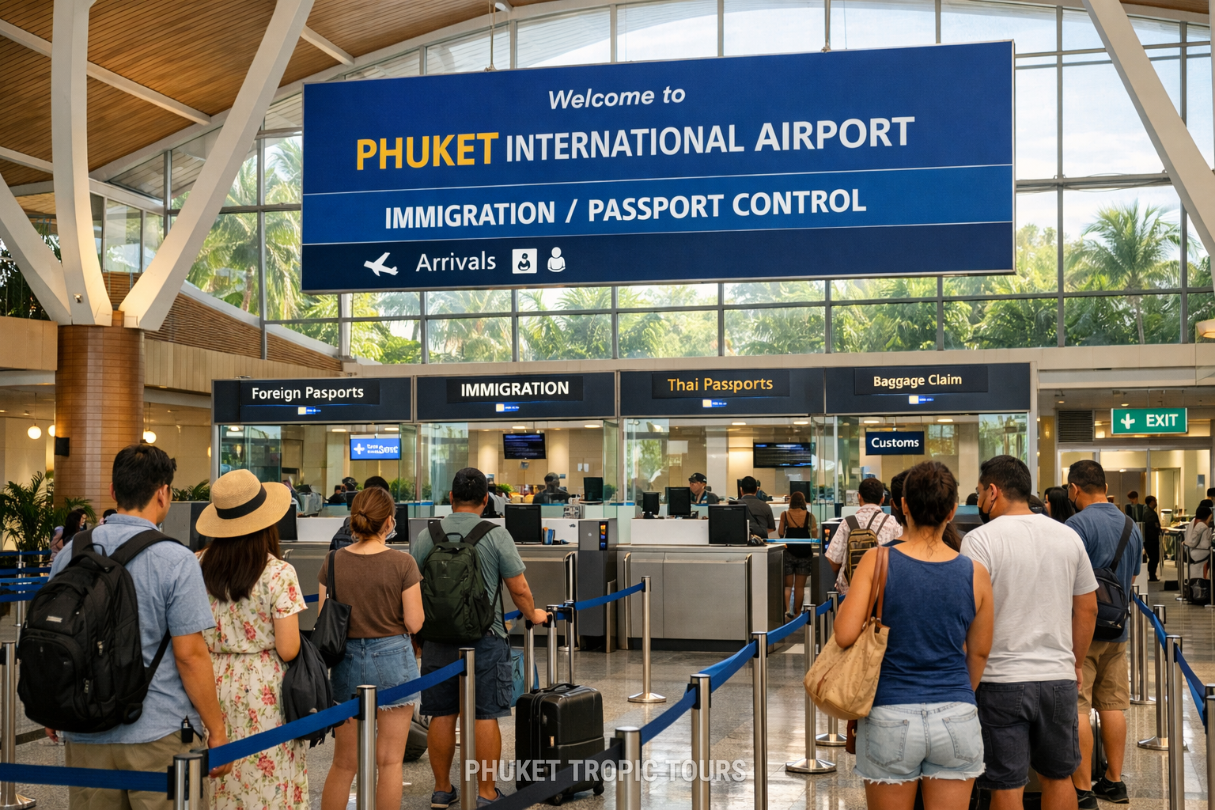 Arrivals and passport control at Phuket International Airport