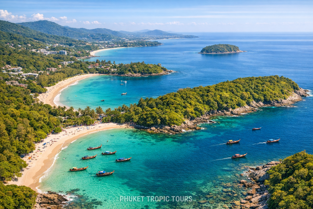Aerial view of Phuket beaches, the gateway to a southern Thailand travel guide 2026