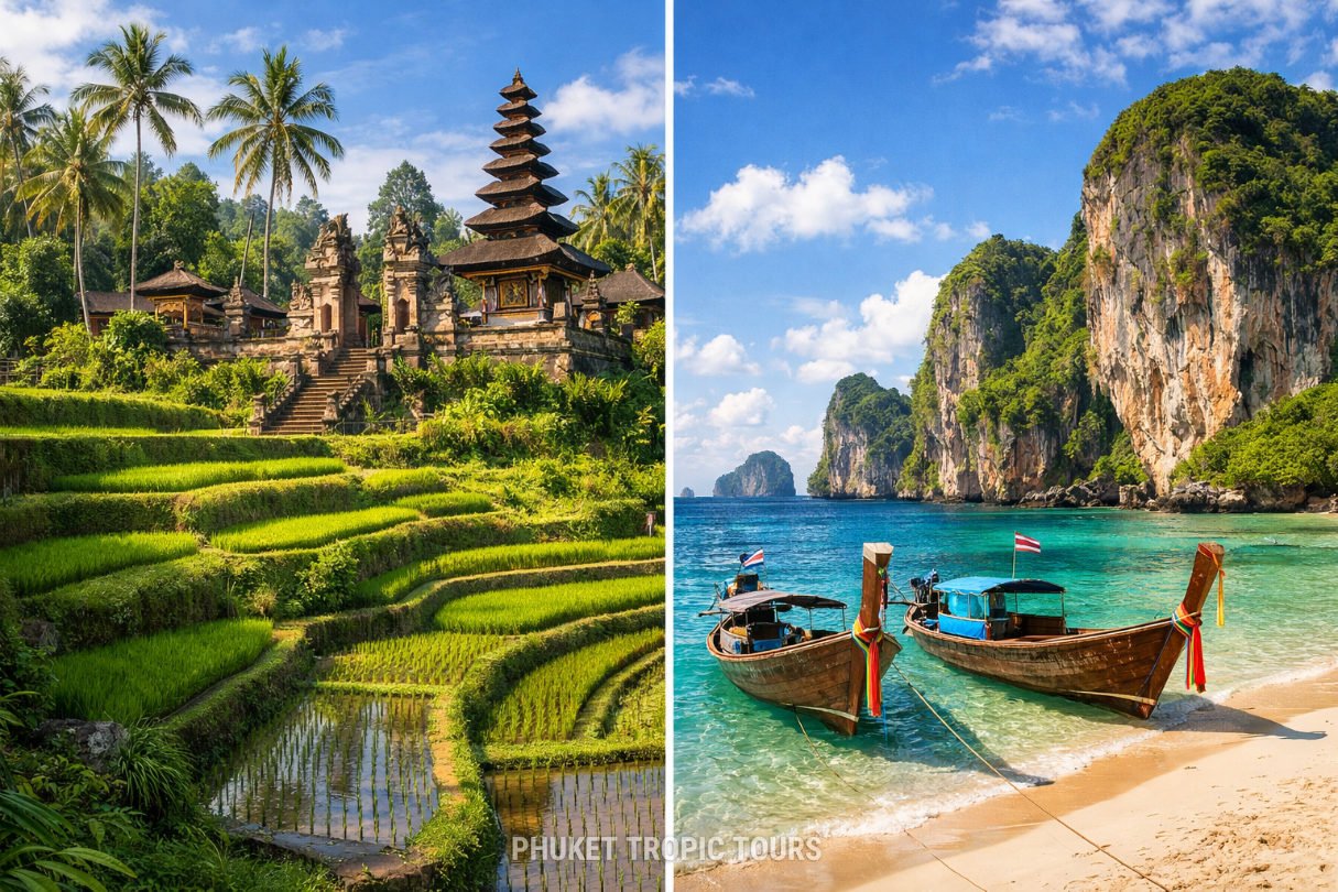 Bali vs Phuket comparison showing a Bali rice terrace and a Phuket beach