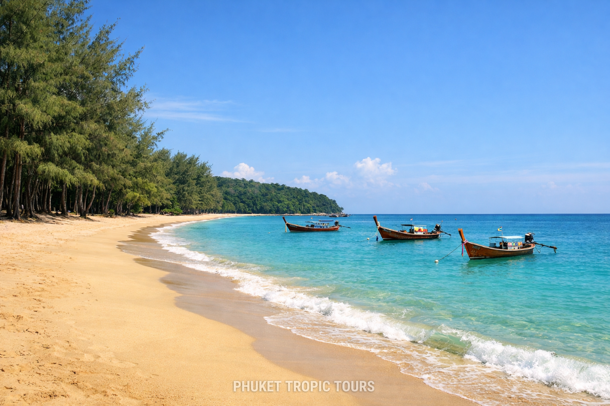 Layan Beach Phuket golden sand backed by casuarina trees