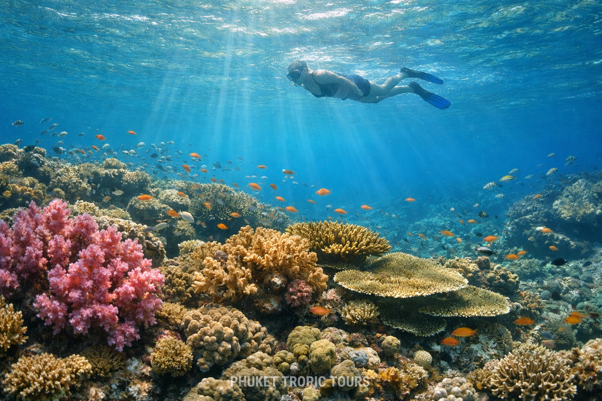 Snorkeling coral reefs on a Phi Phi Islands day trip