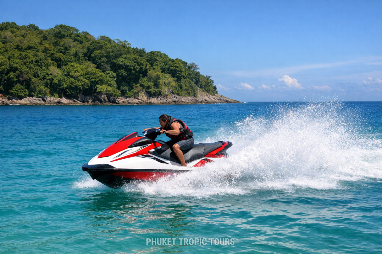 Riding a jet ski in Phuket on the Andaman Sea