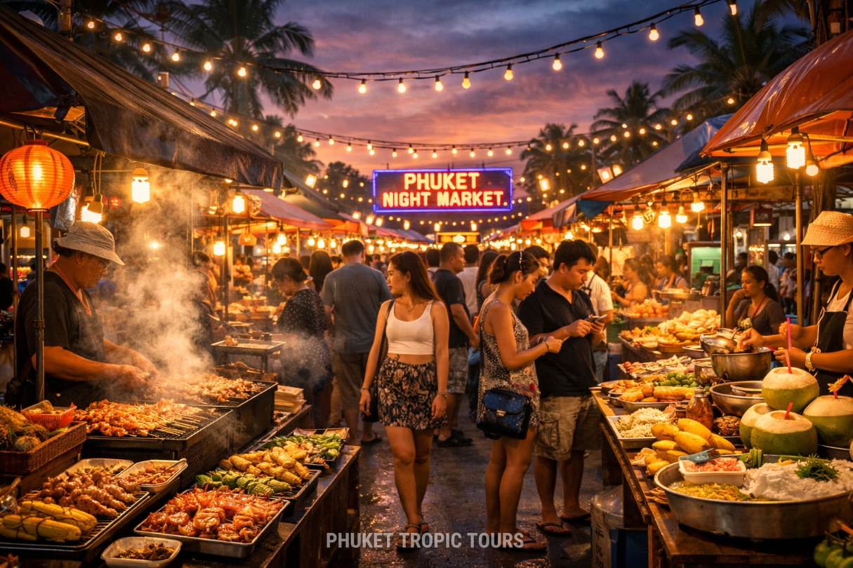 Phuket night market with street food stalls at dusk