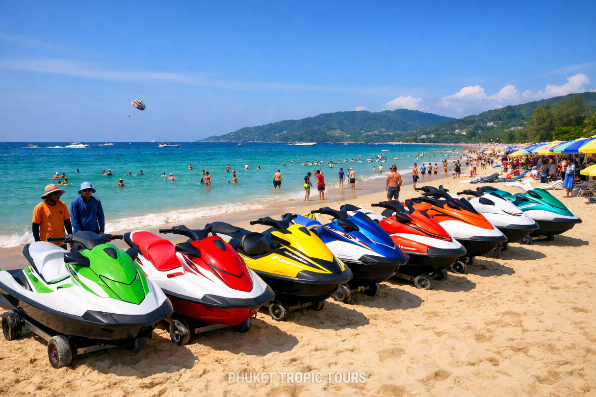 Jet ski rental prices in Phuket - machines lined up on the beach
