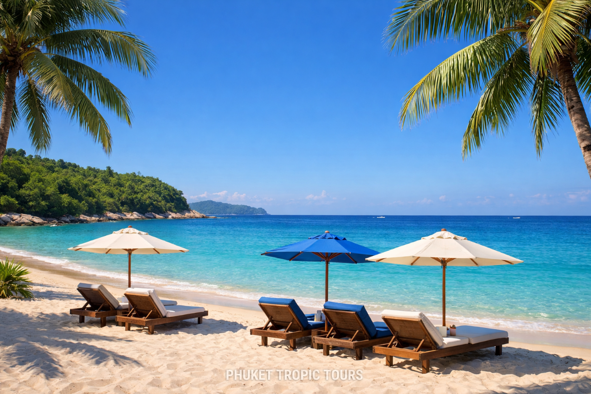 Best time to visit Phuket high season beach with calm turquoise sea