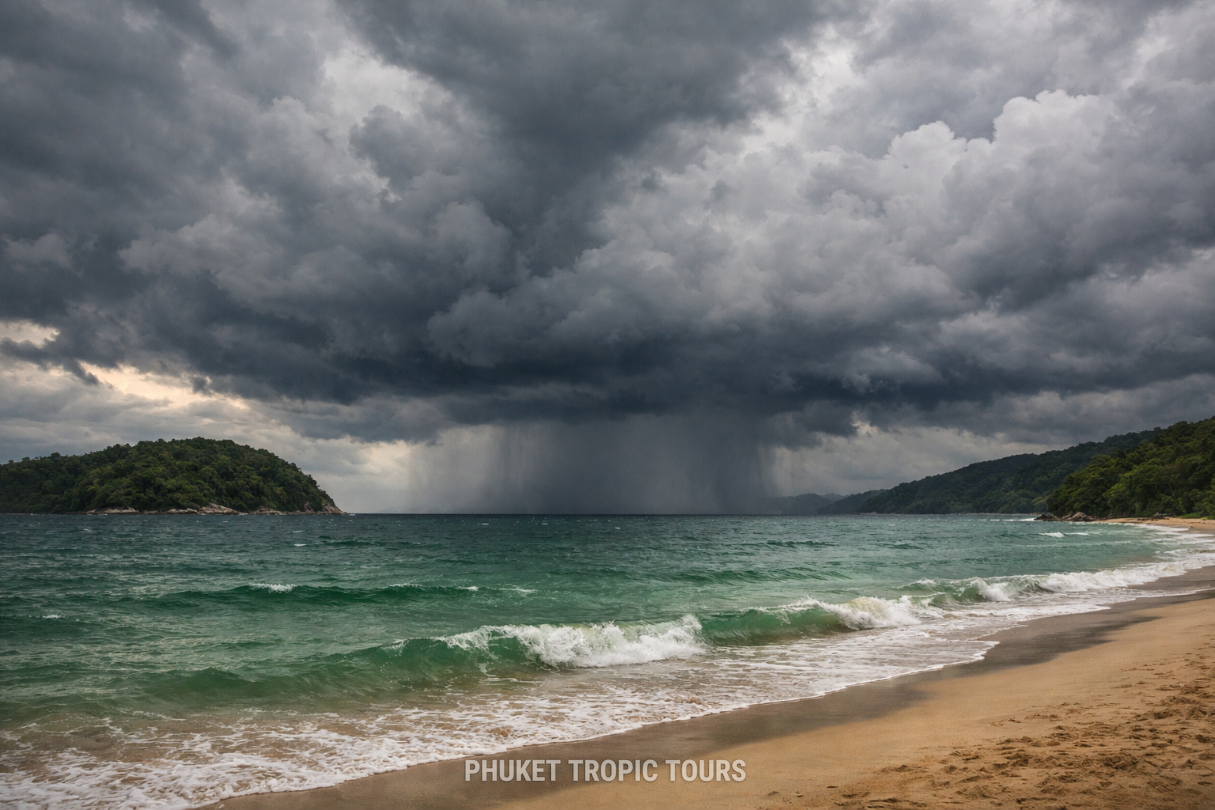 Phuket rainy season monsoon sky over a quiet green season beach