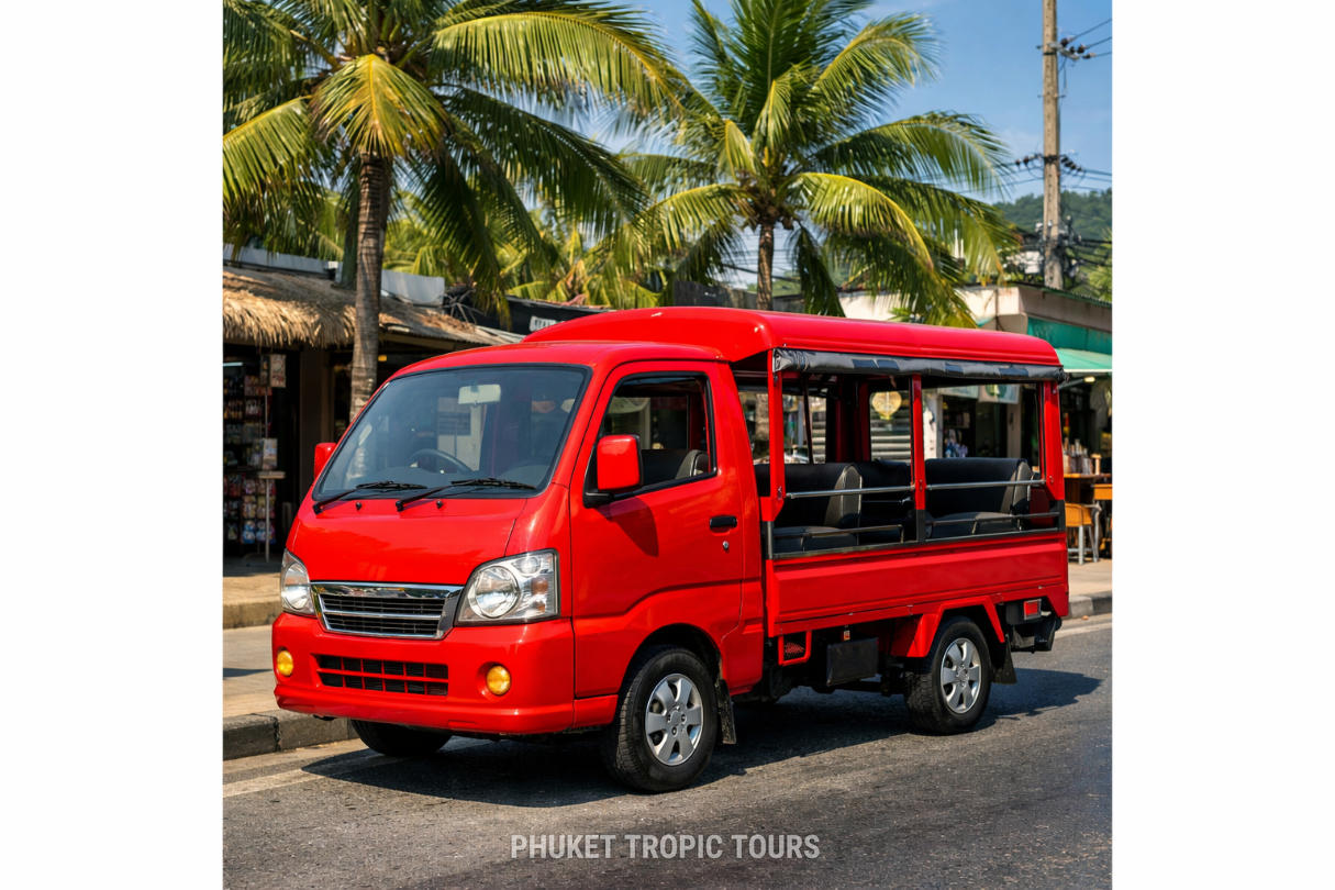 Red tuk-tuk in Phuket parked on a Patong street