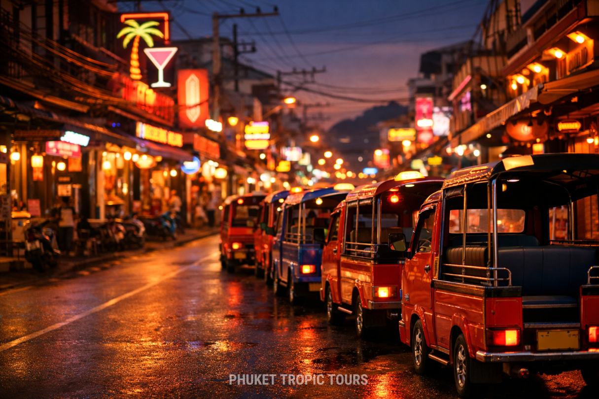 Tuk-tuk prices in Phuket at a Patong stand in the evening