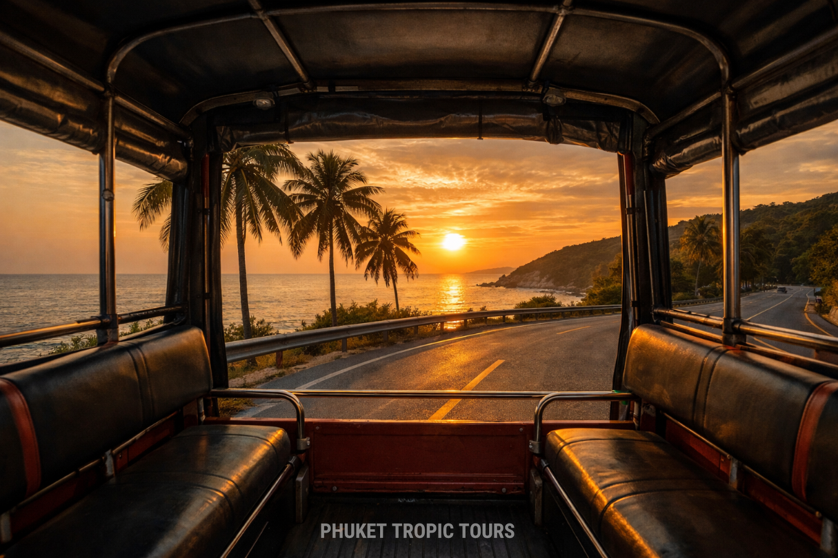 Riding a tuk-tuk in Phuket along a coastal road at sunset