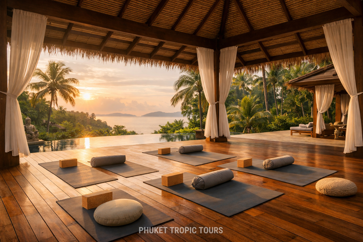 Wellness retreat in Phuket with an open-air yoga pavilion at sunrise