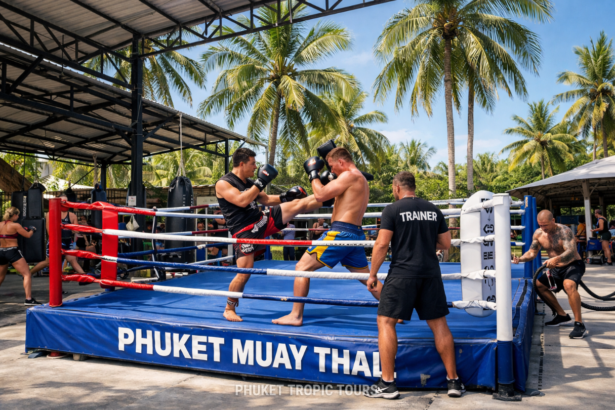 Muay Thai and fitness wellness camp in Phuket surrounded by palm trees