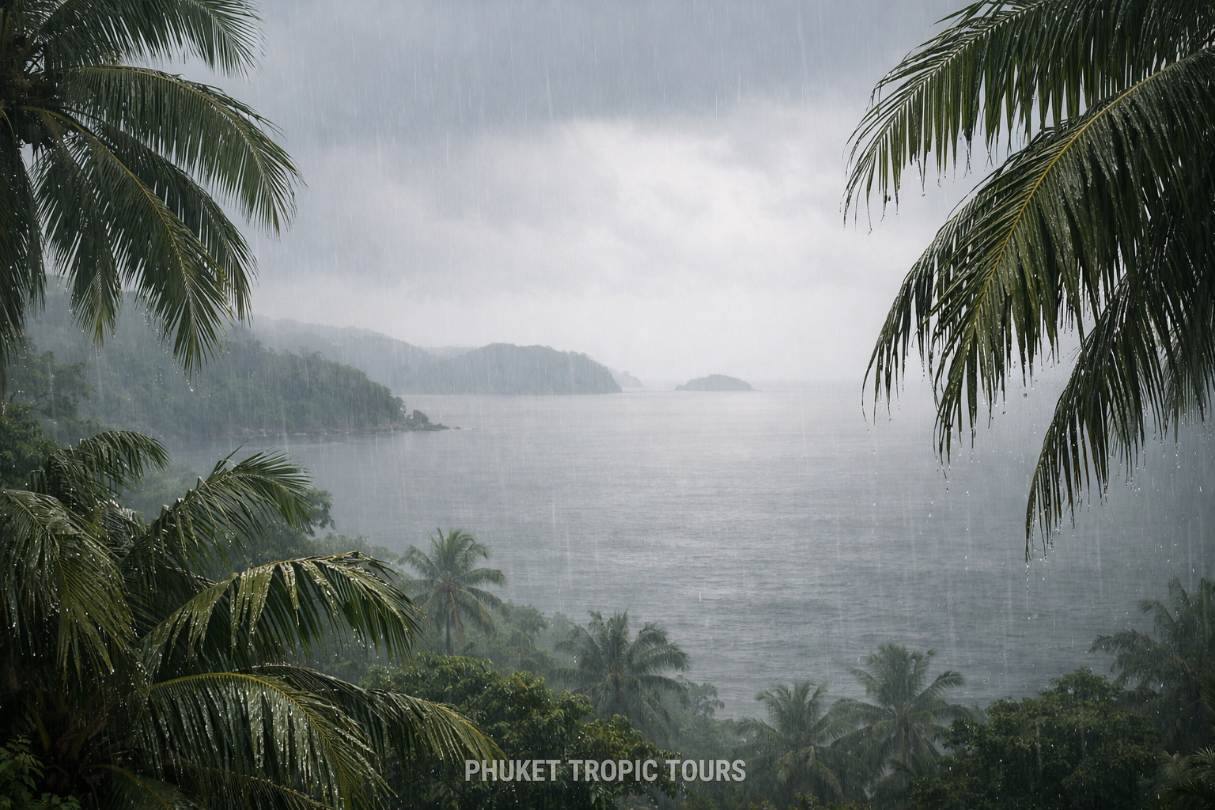 Rainy day in Phuket during the green season with wet palms and grey sea