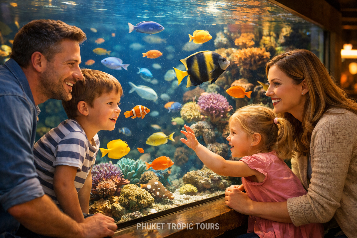 Family enjoying an aquarium as a rainy day activity in Phuket